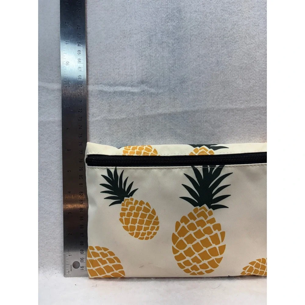 Pineapple Print Canvas Wristlet Pouch Zipper Makeup Travel Bag Cream Yellow